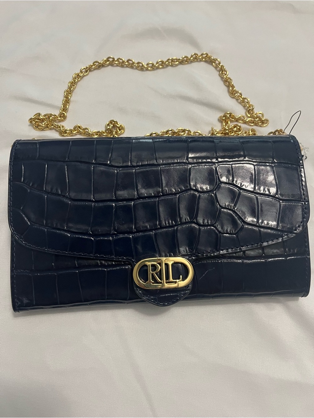 Ralph Lauren Navy Croc-Embossed Chain Shoulder Bag with Gold Hardware
